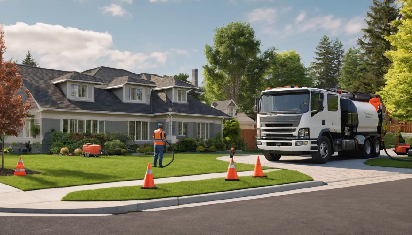 Septic pumping truck parked beside a ranch home near Milwaukee while a provider checks the tank access