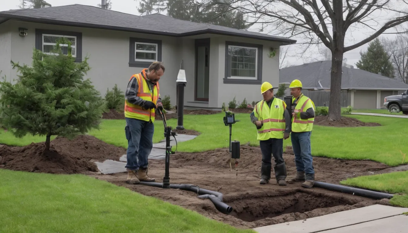 Sewer line repair provider inspecting a yard trench near a home in the Milwaukee area
